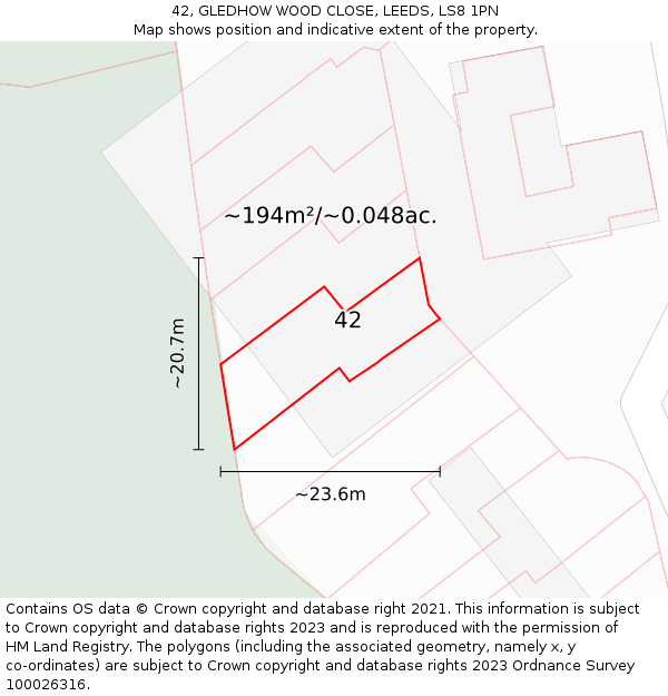 42, GLEDHOW WOOD CLOSE, LEEDS, LS8 1PN: Plot and title map