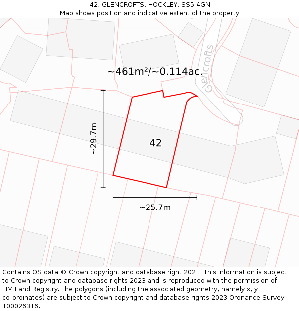 42, GLENCROFTS, HOCKLEY, SS5 4GN: Plot and title map