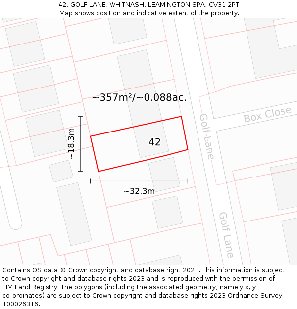 42, GOLF LANE, WHITNASH, LEAMINGTON SPA, CV31 2PT: Plot and title map