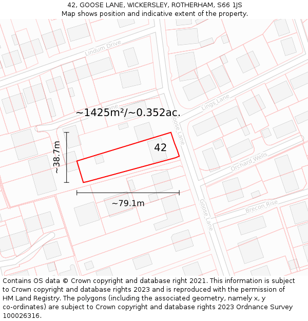 42, GOOSE LANE, WICKERSLEY, ROTHERHAM, S66 1JS: Plot and title map