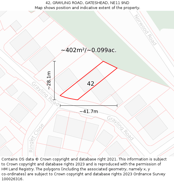 42, GRAYLING ROAD, GATESHEAD, NE11 9ND: Plot and title map