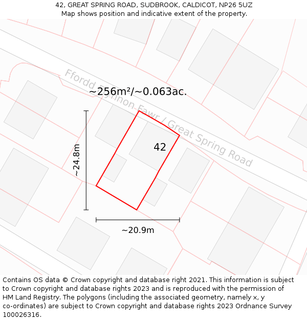 42, GREAT SPRING ROAD, SUDBROOK, CALDICOT, NP26 5UZ: Plot and title map