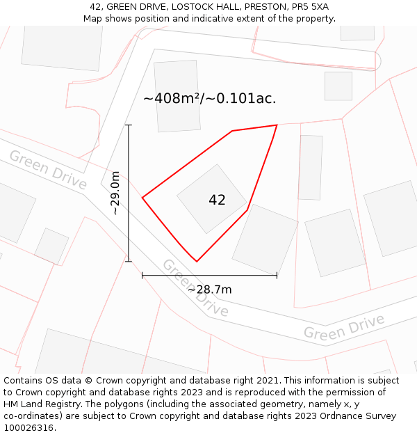 42, GREEN DRIVE, LOSTOCK HALL, PRESTON, PR5 5XA: Plot and title map