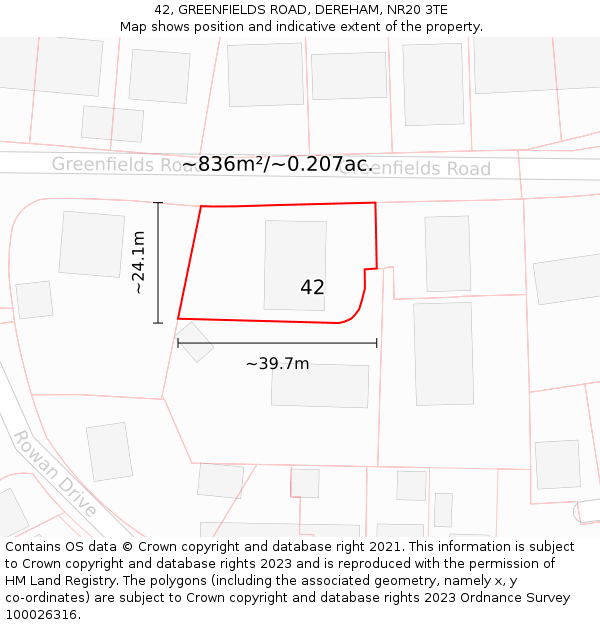 42, GREENFIELDS ROAD, DEREHAM, NR20 3TE: Plot and title map