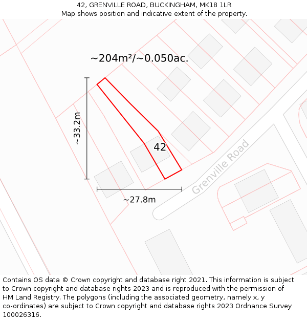 42, GRENVILLE ROAD, BUCKINGHAM, MK18 1LR: Plot and title map