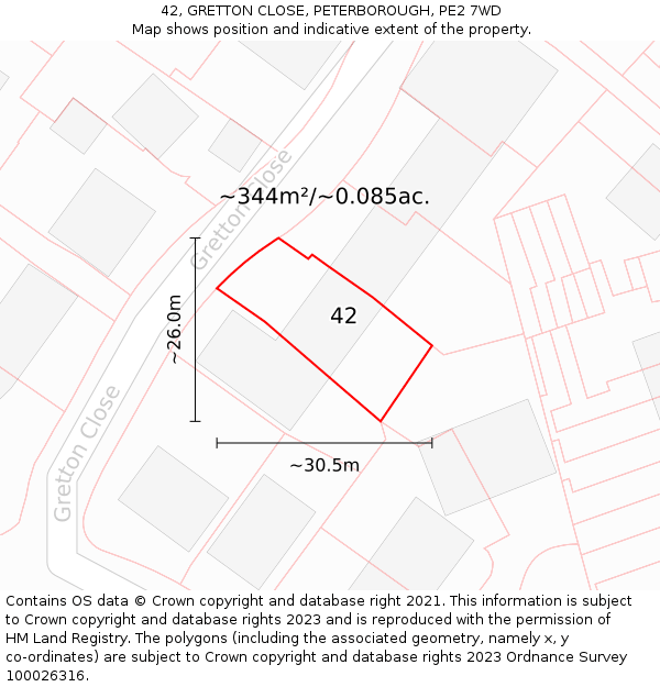 42, GRETTON CLOSE, PETERBOROUGH, PE2 7WD: Plot and title map