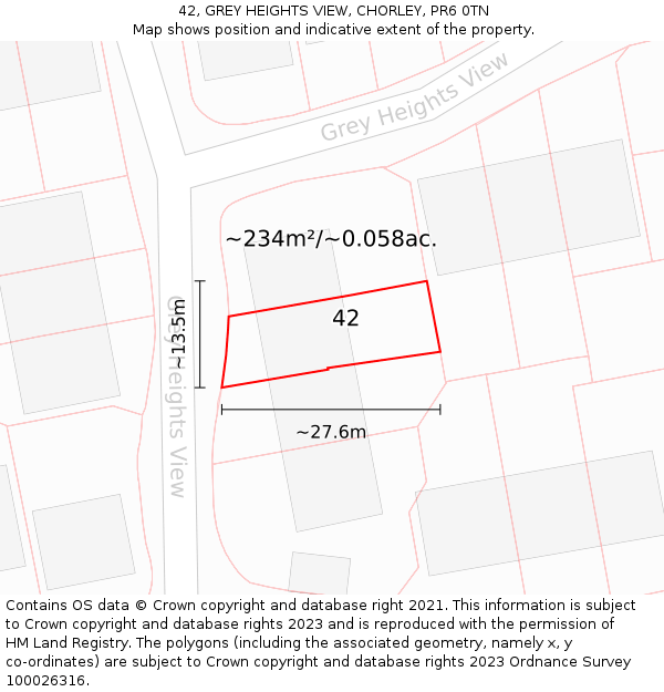 42, GREY HEIGHTS VIEW, CHORLEY, PR6 0TN: Plot and title map