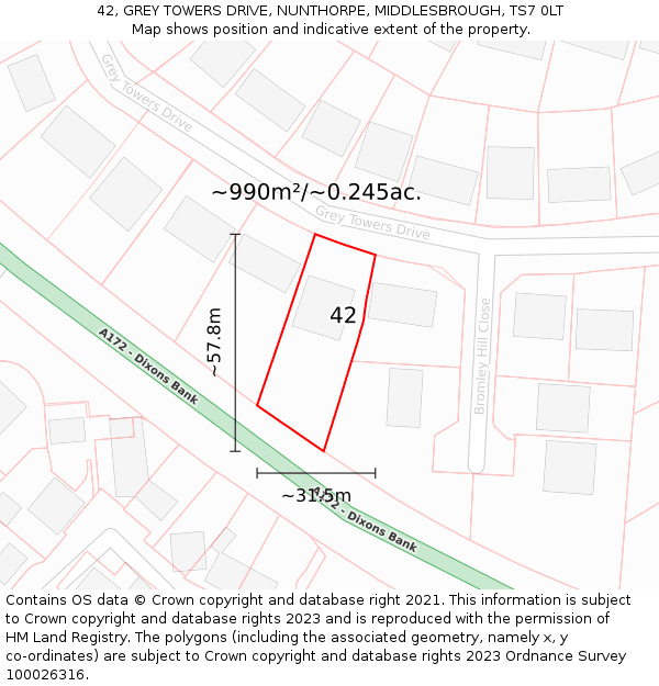 42, GREY TOWERS DRIVE, NUNTHORPE, MIDDLESBROUGH, TS7 0LT: Plot and title map