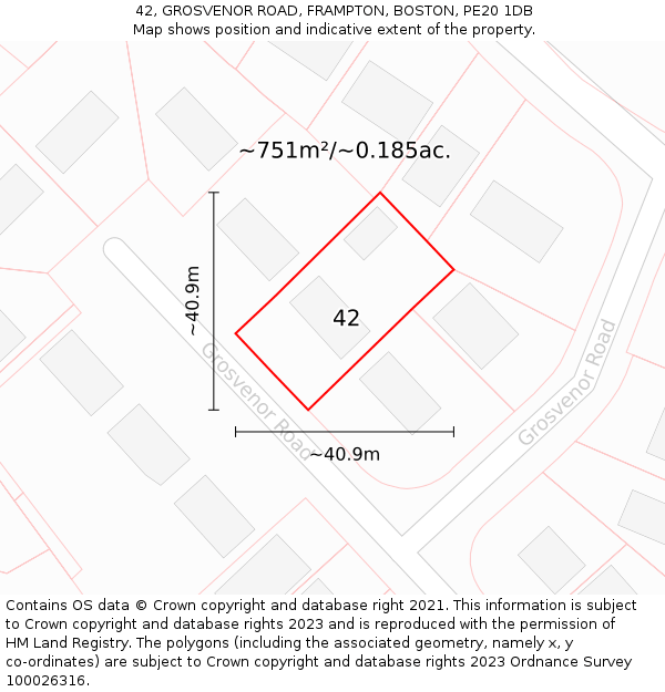 42, GROSVENOR ROAD, FRAMPTON, BOSTON, PE20 1DB: Plot and title map