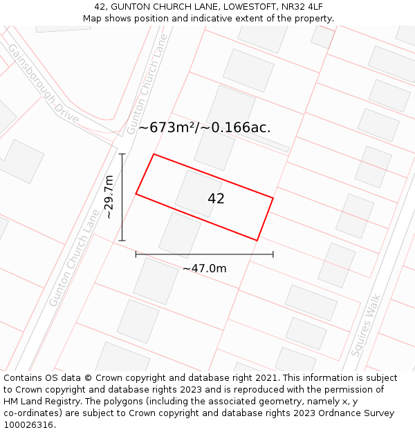 42, GUNTON CHURCH LANE, LOWESTOFT, NR32 4LF: Plot and title map