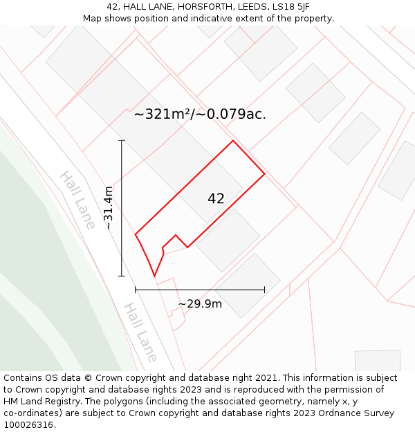42, HALL LANE, HORSFORTH, LEEDS, LS18 5JF: Plot and title map
