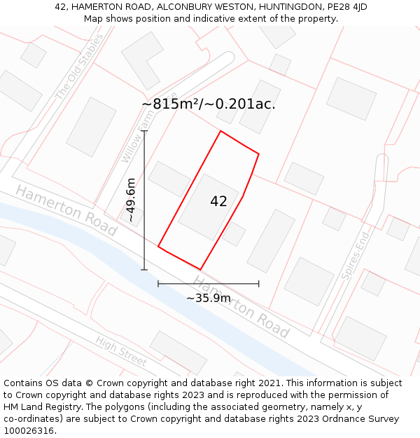 42, HAMERTON ROAD, ALCONBURY WESTON, HUNTINGDON, PE28 4JD: Plot and title map