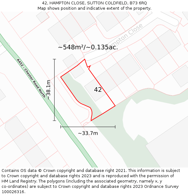 42, HAMPTON CLOSE, SUTTON COLDFIELD, B73 6RQ: Plot and title map