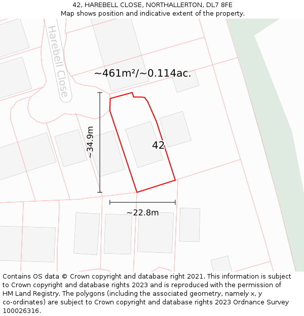 42, HAREBELL CLOSE, NORTHALLERTON, DL7 8FE: Plot and title map