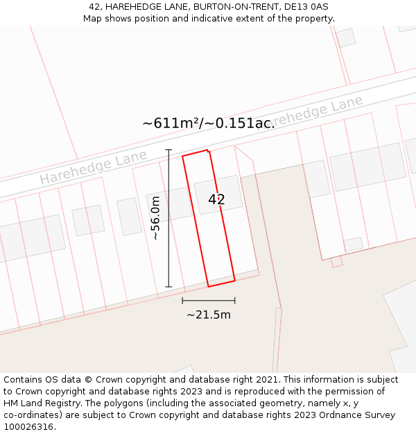 42, HAREHEDGE LANE, BURTON-ON-TRENT, DE13 0AS: Plot and title map