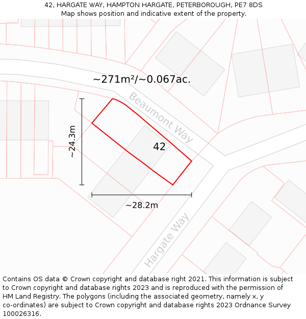42, HARGATE WAY, HAMPTON HARGATE, PETERBOROUGH, PE7 8DS: Plot and title map