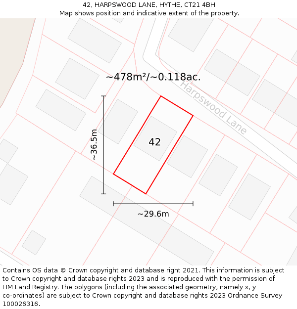 42, HARPSWOOD LANE, HYTHE, CT21 4BH: Plot and title map