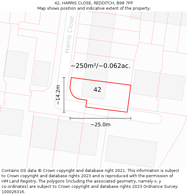 42, HARRIS CLOSE, REDDITCH, B98 7PP: Plot and title map