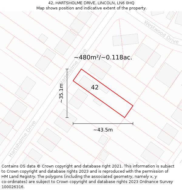 42, HARTSHOLME DRIVE, LINCOLN, LN6 0HQ: Plot and title map