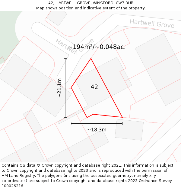42, HARTWELL GROVE, WINSFORD, CW7 3UR: Plot and title map