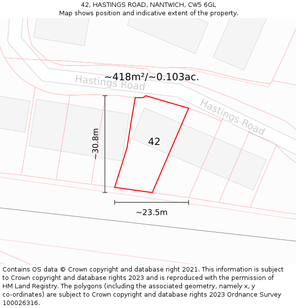 42, HASTINGS ROAD, NANTWICH, CW5 6GL: Plot and title map