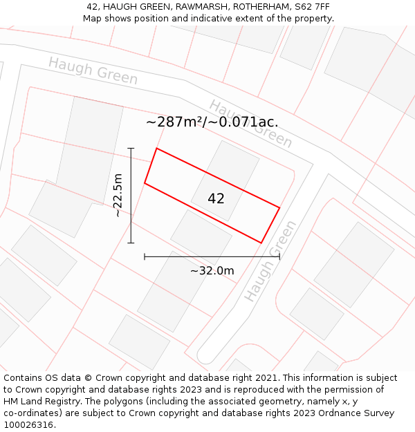 42, HAUGH GREEN, RAWMARSH, ROTHERHAM, S62 7FF: Plot and title map