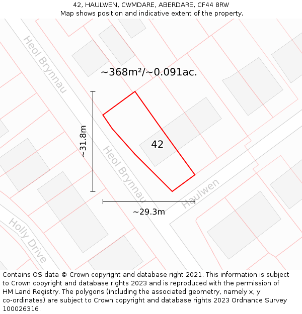 42, HAULWEN, CWMDARE, ABERDARE, CF44 8RW: Plot and title map
