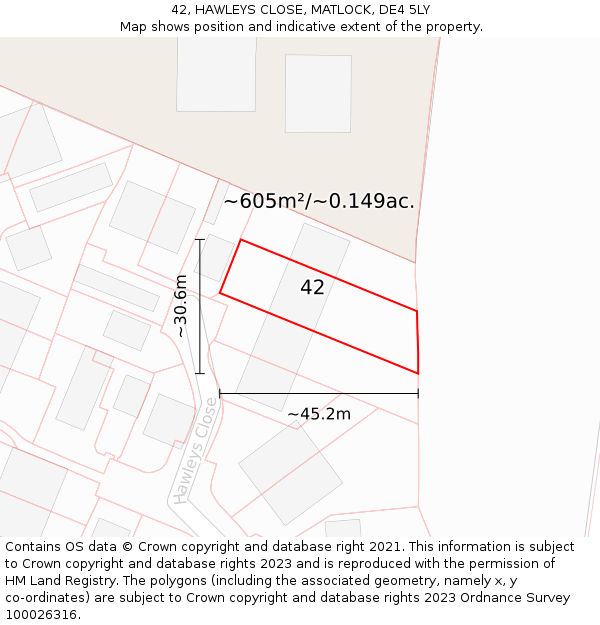 42, HAWLEYS CLOSE, MATLOCK, DE4 5LY: Plot and title map