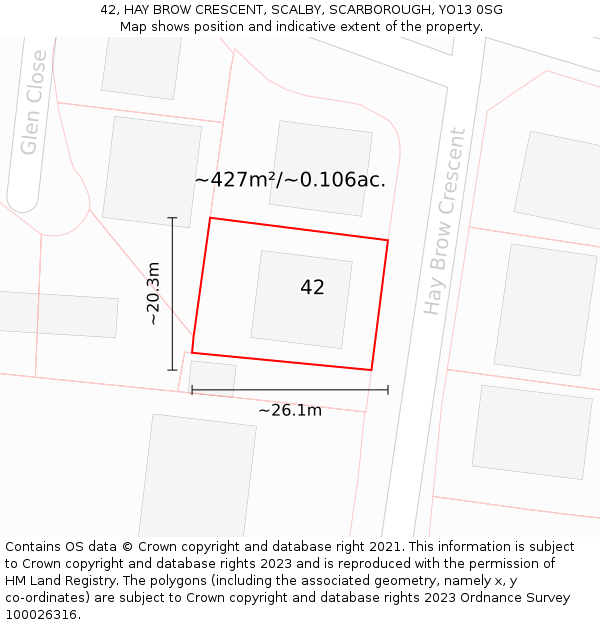 42, HAY BROW CRESCENT, SCALBY, SCARBOROUGH, YO13 0SG: Plot and title map