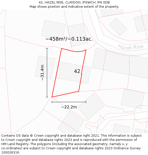 42, HAZEL RISE, CLAYDON, IPSWICH, IP6 0DB: Plot and title map
