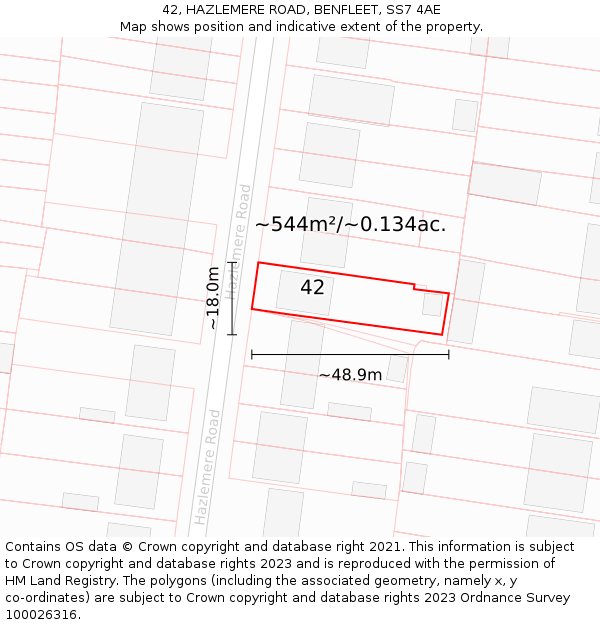 42, HAZLEMERE ROAD, BENFLEET, SS7 4AE: Plot and title map
