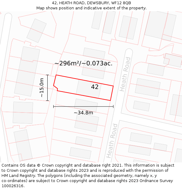 42, HEATH ROAD, DEWSBURY, WF12 8QB: Plot and title map