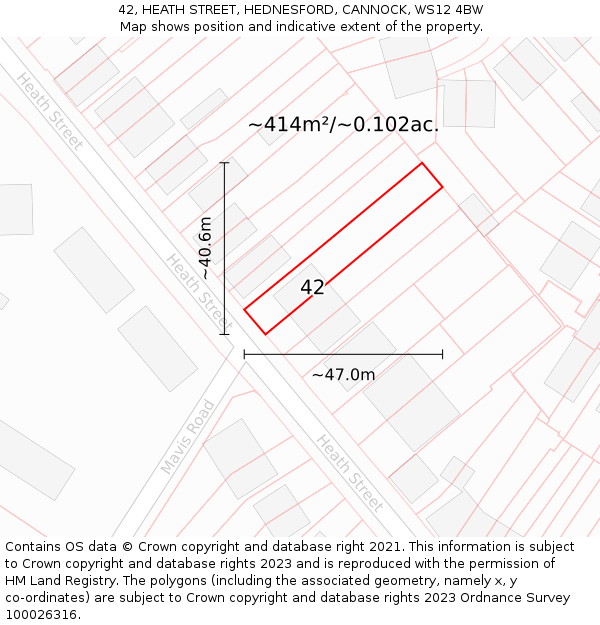 42, HEATH STREET, HEDNESFORD, CANNOCK, WS12 4BW: Plot and title map