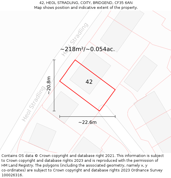 42, HEOL STRADLING, COITY, BRIDGEND, CF35 6AN: Plot and title map