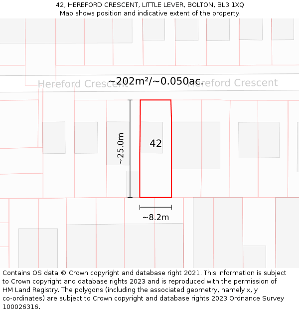 42, HEREFORD CRESCENT, LITTLE LEVER, BOLTON, BL3 1XQ: Plot and title map
