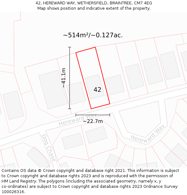 42, HEREWARD WAY, WETHERSFIELD, BRAINTREE, CM7 4EG: Plot and title map