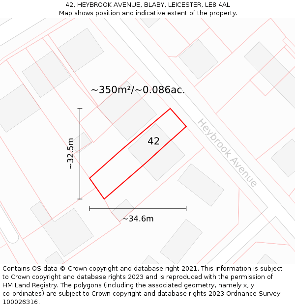 42, HEYBROOK AVENUE, BLABY, LEICESTER, LE8 4AL: Plot and title map