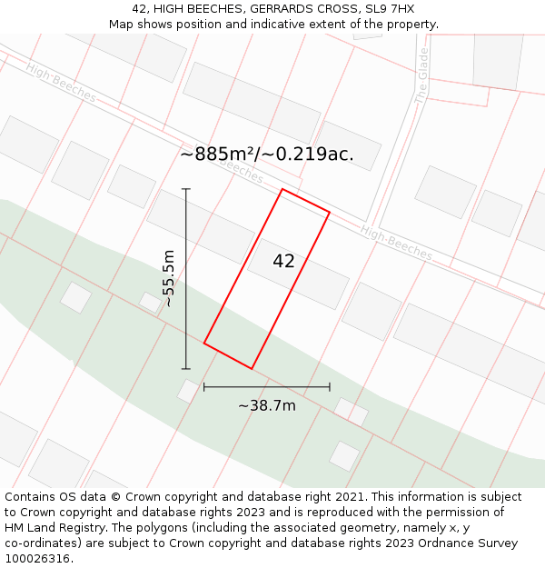 42, HIGH BEECHES, GERRARDS CROSS, SL9 7HX: Plot and title map