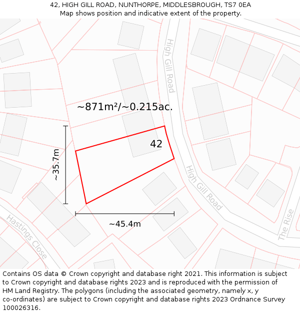 42, HIGH GILL ROAD, NUNTHORPE, MIDDLESBROUGH, TS7 0EA: Plot and title map