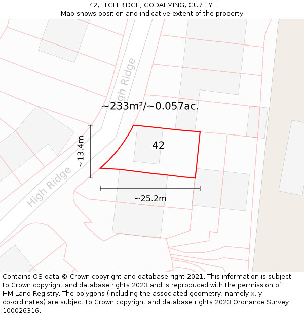 42, HIGH RIDGE, GODALMING, GU7 1YF: Plot and title map
