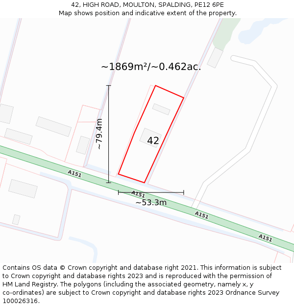 42, HIGH ROAD, MOULTON, SPALDING, PE12 6PE: Plot and title map