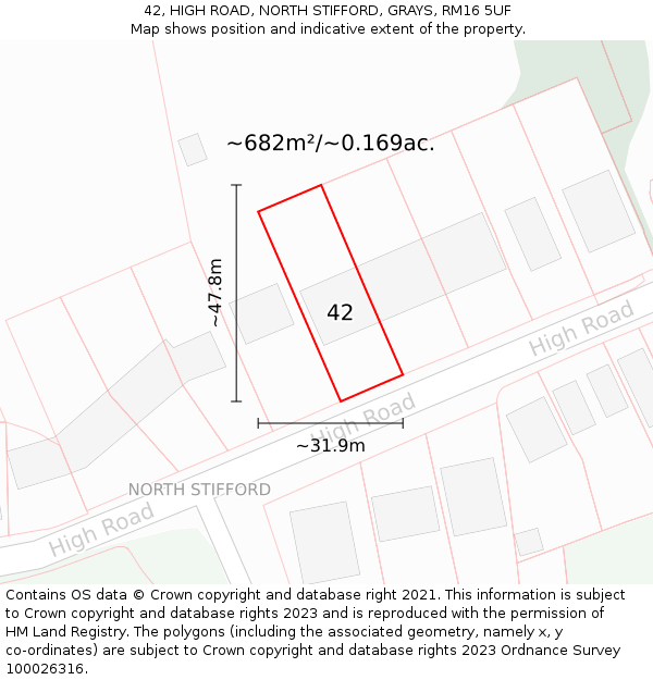 42, HIGH ROAD, NORTH STIFFORD, GRAYS, RM16 5UF: Plot and title map
