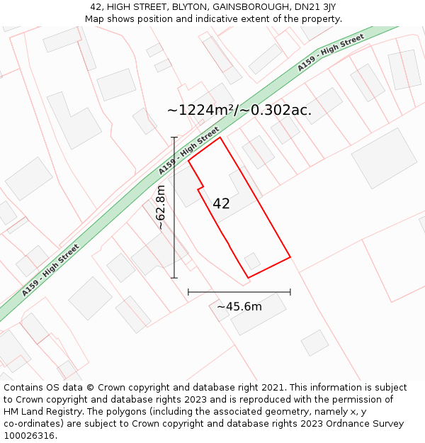 42, HIGH STREET, BLYTON, GAINSBOROUGH, DN21 3JY: Plot and title map