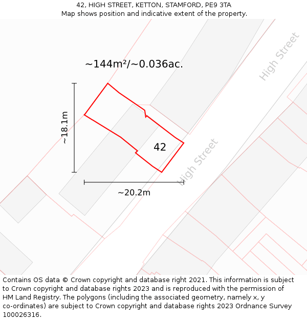 42, HIGH STREET, KETTON, STAMFORD, PE9 3TA: Plot and title map