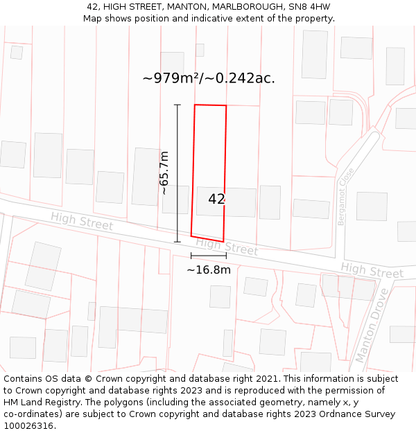 42, HIGH STREET, MANTON, MARLBOROUGH, SN8 4HW: Plot and title map