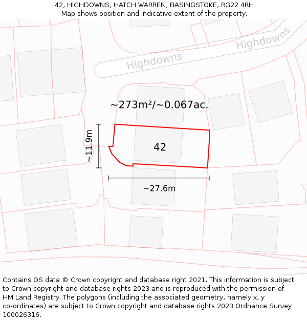 42, HIGHDOWNS, HATCH WARREN, BASINGSTOKE, RG22 4RH: Plot and title map