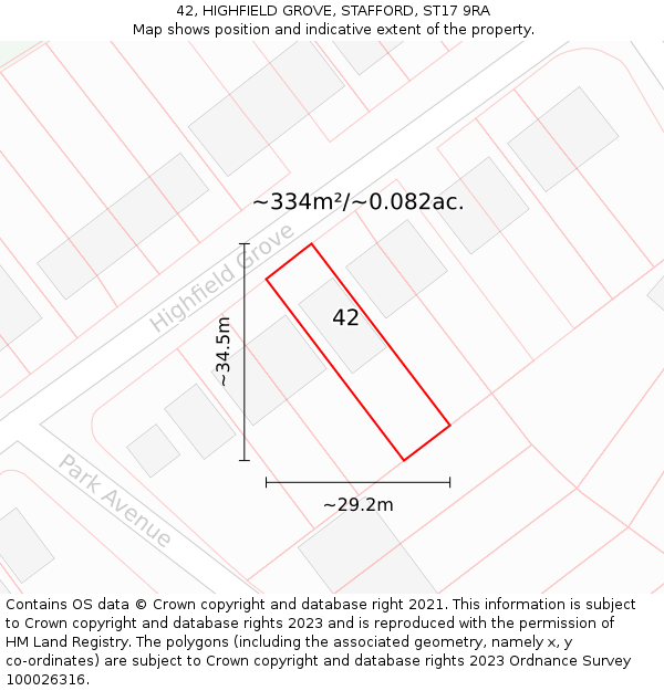 42, HIGHFIELD GROVE, STAFFORD, ST17 9RA: Plot and title map