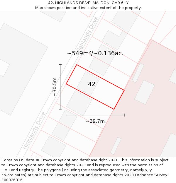 42, HIGHLANDS DRIVE, MALDON, CM9 6HY: Plot and title map