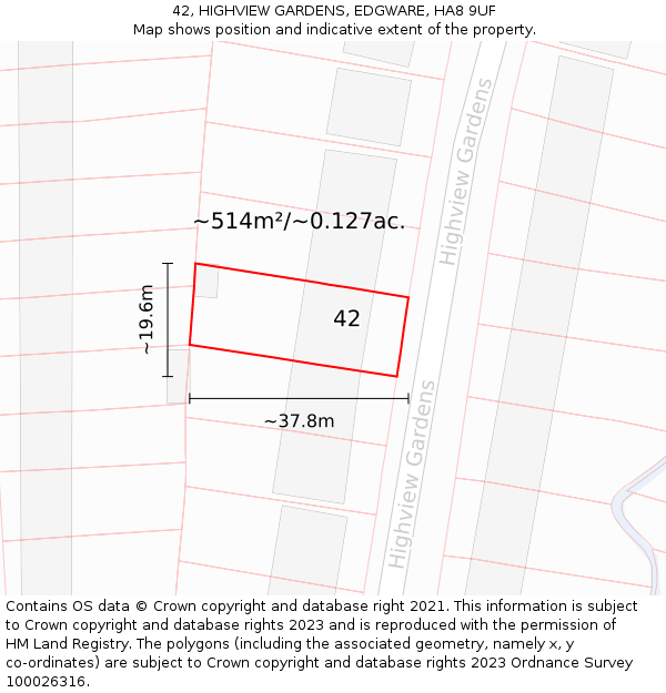 42, HIGHVIEW GARDENS, EDGWARE, HA8 9UF: Plot and title map
