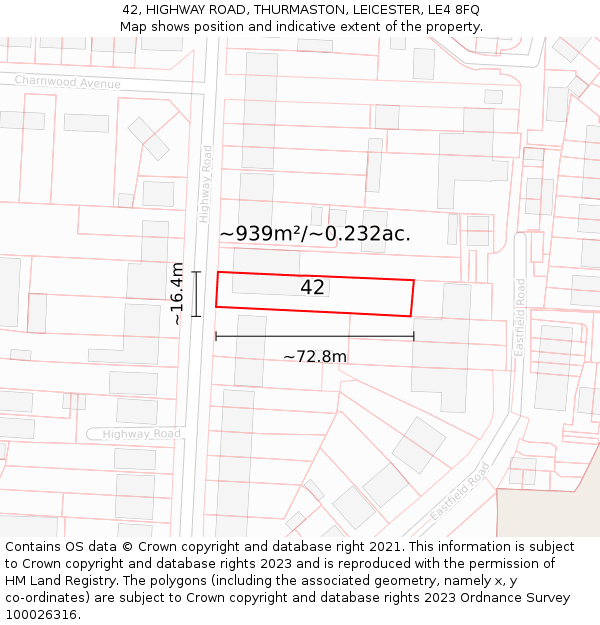 42, HIGHWAY ROAD, THURMASTON, LEICESTER, LE4 8FQ: Plot and title map